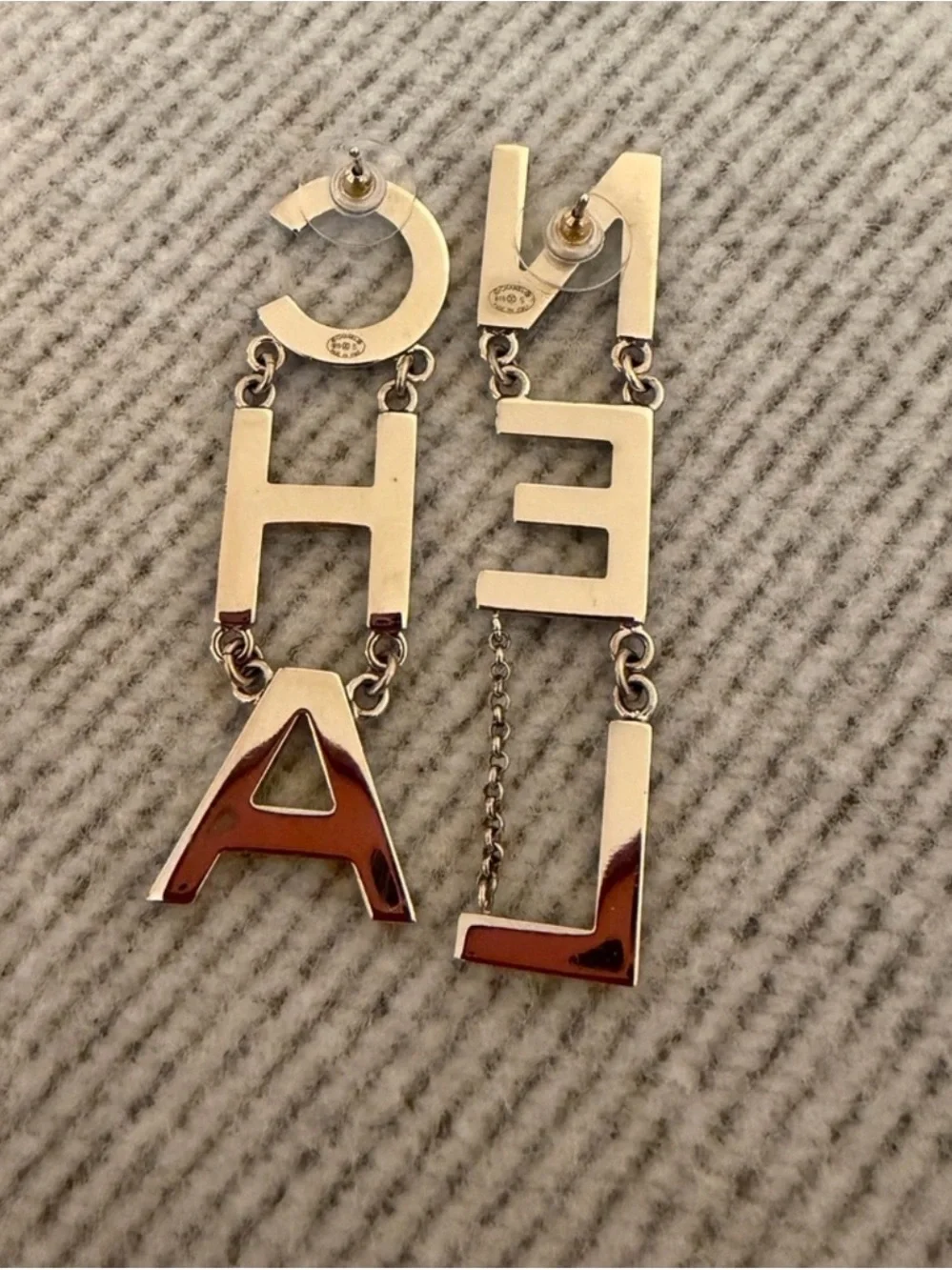CHANEL Gold Tone Letter Drop CHA NEL Earrings